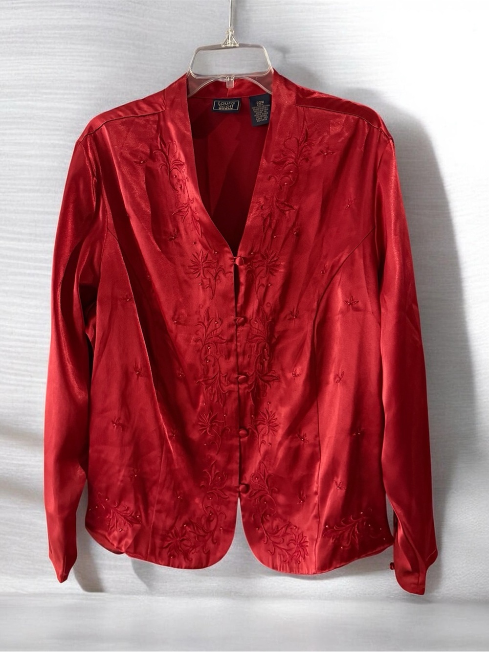 Laura Scott Red Satin Embroidered Button Up Blouse 22W Plus Size